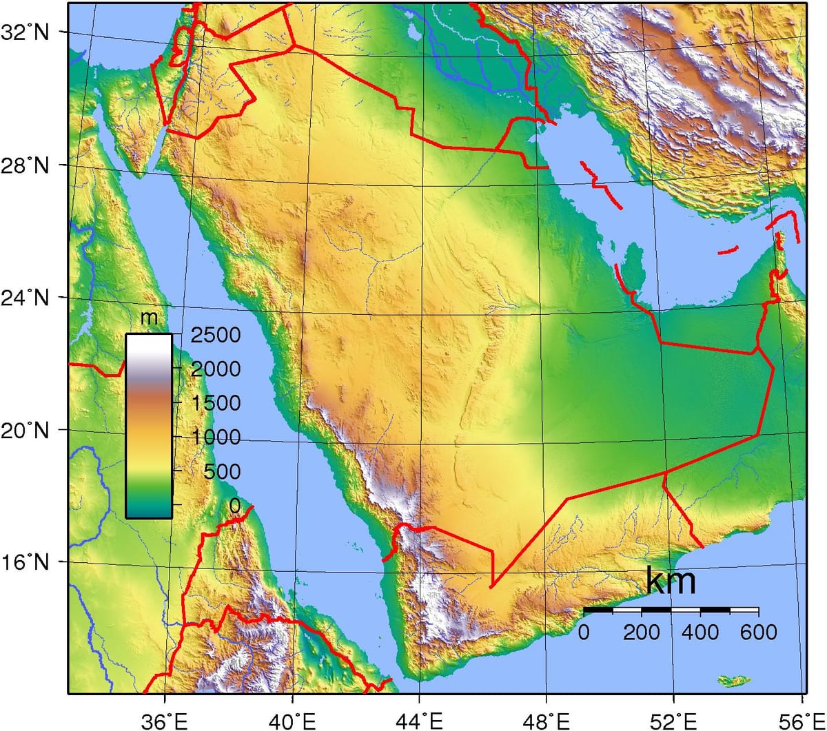 Harta Arabia Saudită altitudine