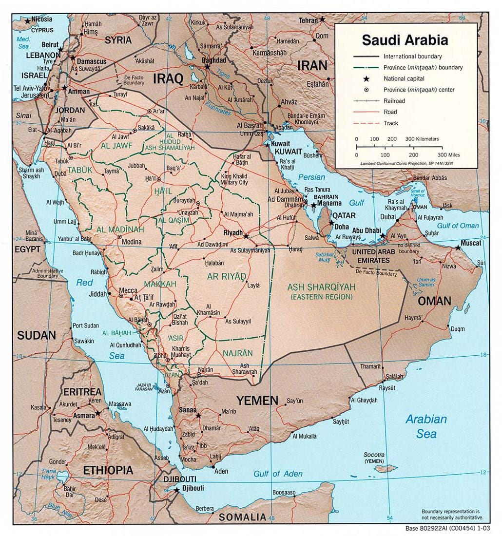 Harta de Arabia Saudită, cu orașe de drum