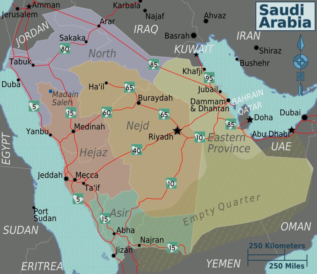 Harta de Arabia Saudită cu orașe distanțe