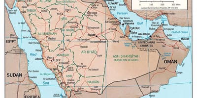 Harta de Arabia Saudită, cu orașe de drum